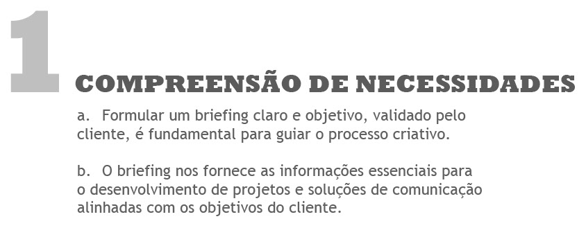 compreensão de necessidades. Formular um briefing claro e objetivo, validado pelo cliente, é fundamental para guiar o processo criativo.